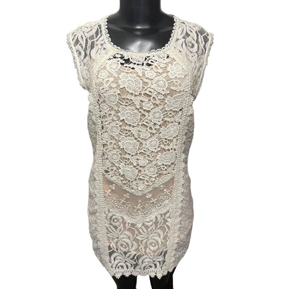 XS Champagne & Strawberry Lace Mini Dress Buttons Lined Ivory Nude Lining - Picture 1 of 11